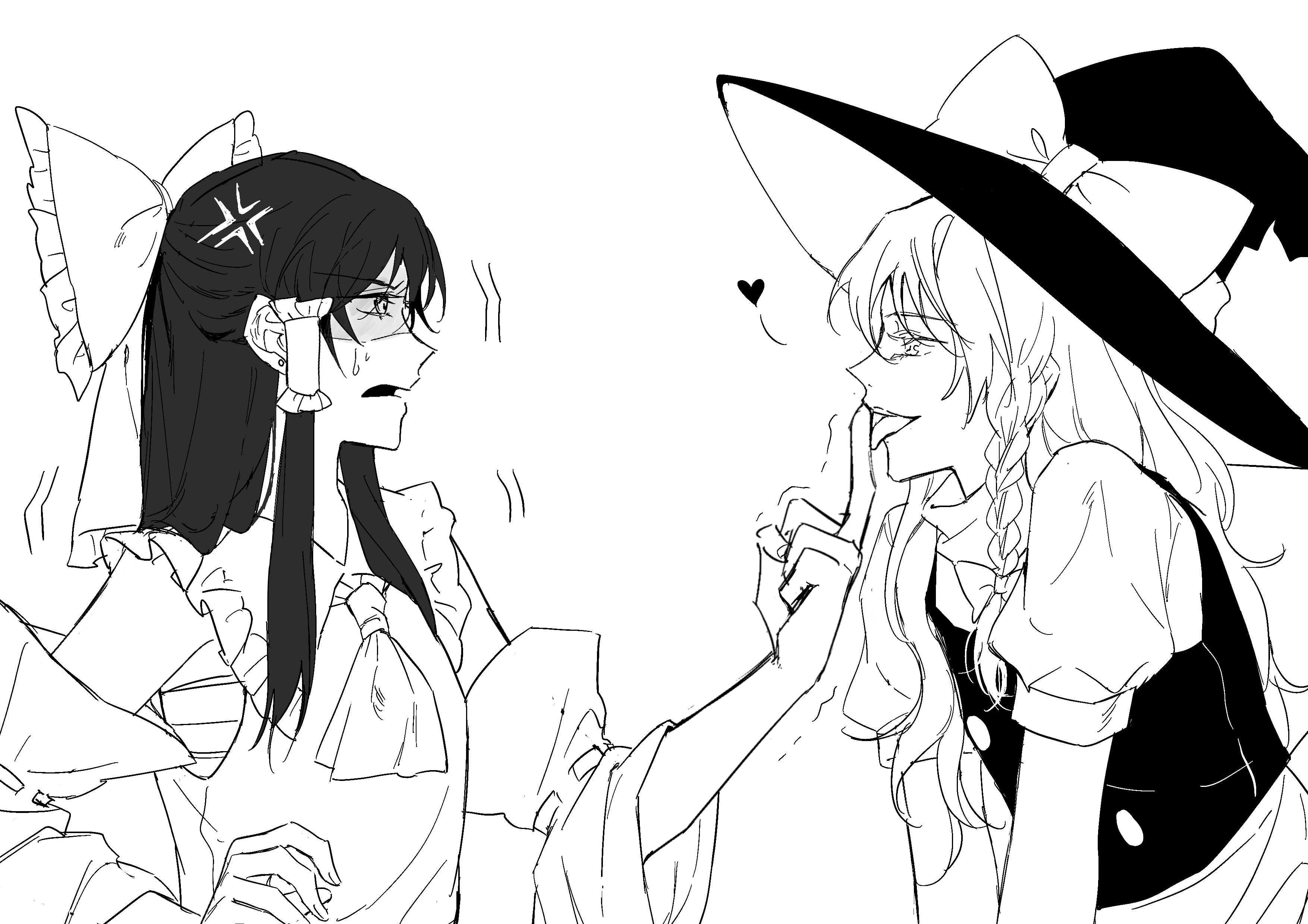 aihara-rina, hakurei reimu, kirisame marisa, touhou, absurdres, chinese commentary, commentary request, highres, 2girls, anger vein, angry, ascot, bow, braid, chest sarashi, detached sleeves, eye contact, frilled bow, frilled hair tubes, frills, greyscale, hair bow, hair tubes, hat, hat bow, heart, licking another's finger, long hair, looking at another, middle finger, monochrome, multiple girls, puffy short sleeves, puffy sleeves, ribbon-trimmed sleeves, ribbon trim, sarashi, shaded face, short sleeves, side braid, single braid, sweatdrop, tongue, tongue out, trembling, vest, witch hat, yuri