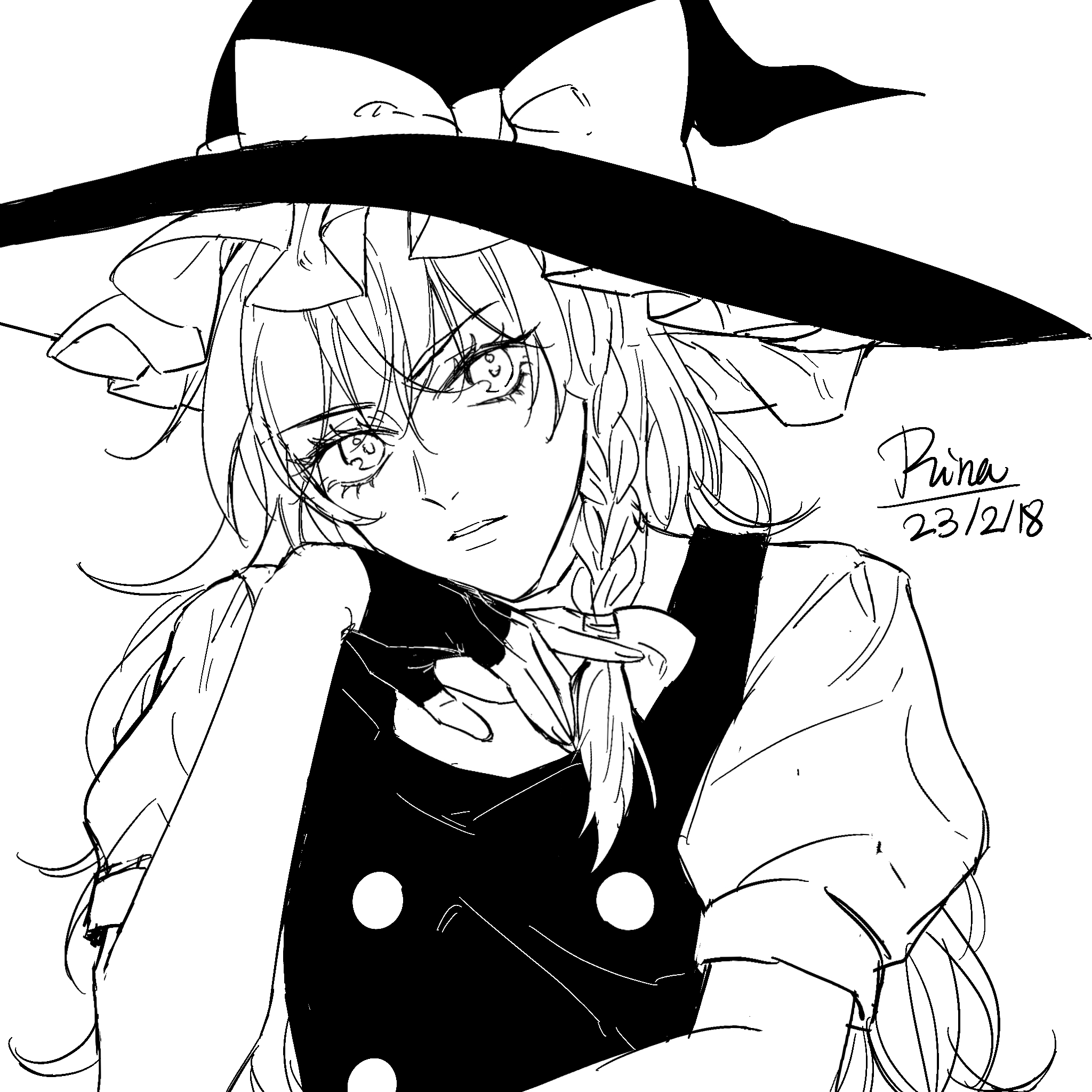 aihara-rina, kirisame marisa, touhou, chinese commentary, commentary request, highres, 1girl, bow, braid, dated, fingerless gloves, gloves, greyscale, hair bow, hat, hat bow, long hair, looking at viewer, monochrome, puffy short sleeves, puffy sleeves, short sleeves, side braid, signature, single braid, solo, vest, witch hat
