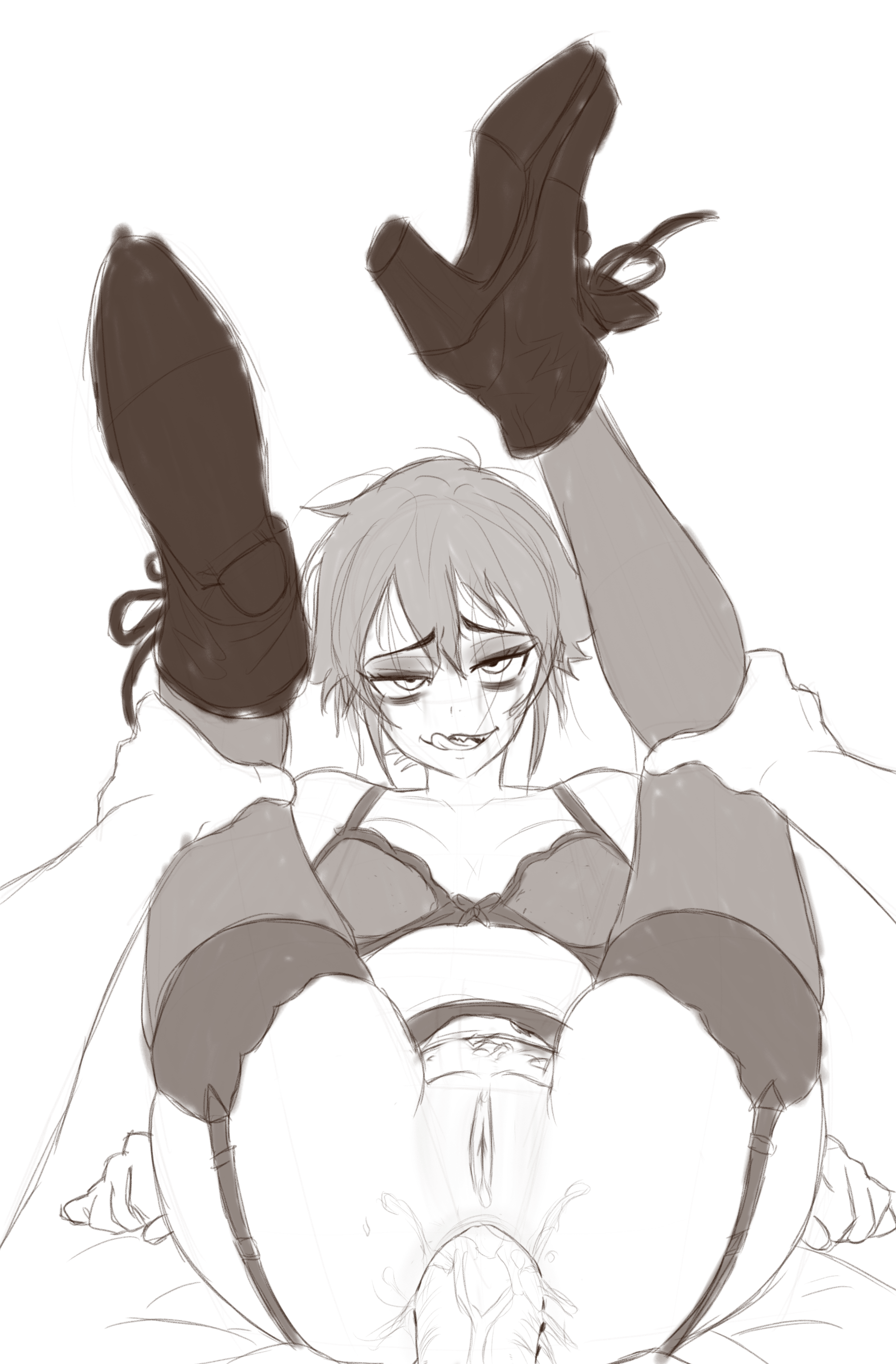 tsuicaa, original, absurdres, highres, self-upload, 1boy, 1girl, anal, ass, ass focus, black shorts, bra, breasts, erection, futa with male, futanari, grin, huge ass, legs, male on futa, no testicles, panties, penis, pussy, sex, shirt, shoes, shorts, sitting, small breasts, smile, thick thighs, thighs, tomboy, underwear