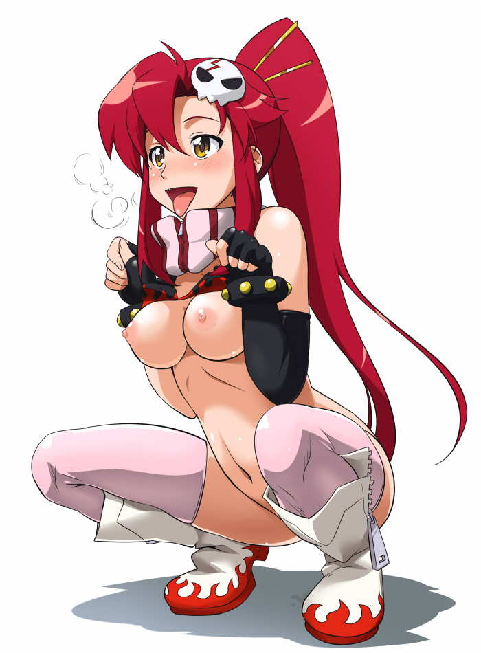 youkan, yoko littner, tengen toppa gurren lagann, 00s, 1girl, blush, boots, bottomless, bra, bra lift, breasts, breath, clothes lift, female focus, full body, hair ornament, heavy breathing, large breasts, legs, long hair, navel, nipples, no panties, paw pose, pet play, pink thighhighs, puddle, pussy juice, pussy juice puddle, red hair, scarf, simple background, skull, solo, squatting, thighhighs, tongue, topless female, underwear, white background, yellow eyes, zipper