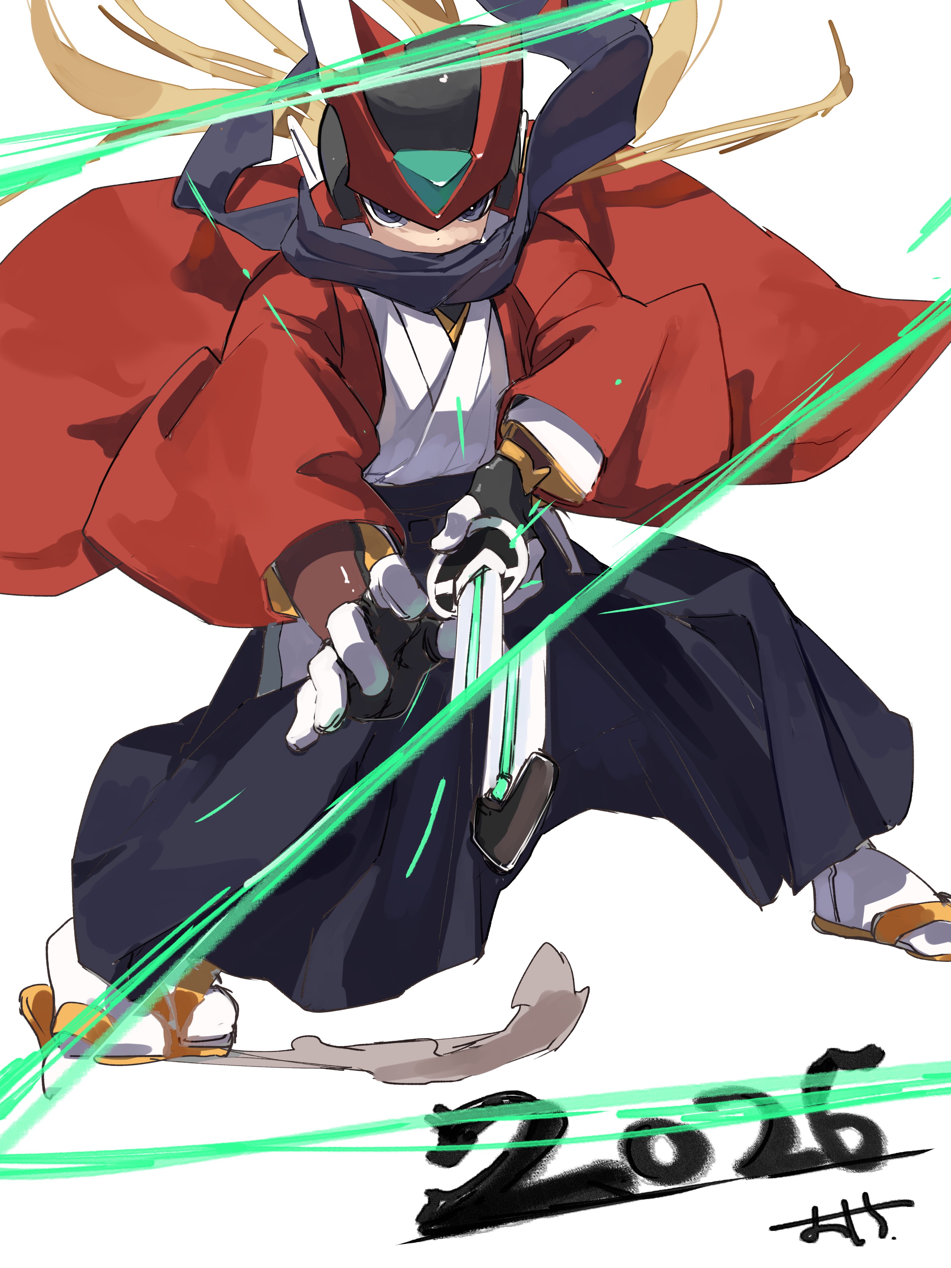 omochi (mochi skymega), zero(z) (mega man), zero (mega man), mega man (series), mega man zero (series), absurdres, commentary request, highres, 1boy, 2026, alternate costume, android, black scarf, blonde hair, forehead jewel, full body, helmet, holding, holding sword, holding weapon, japanese clothes, kimono, legs apart, long hair, male focus, new year, red helmet, red kimono, scarf, simple background, standing, sword, weapon, white background