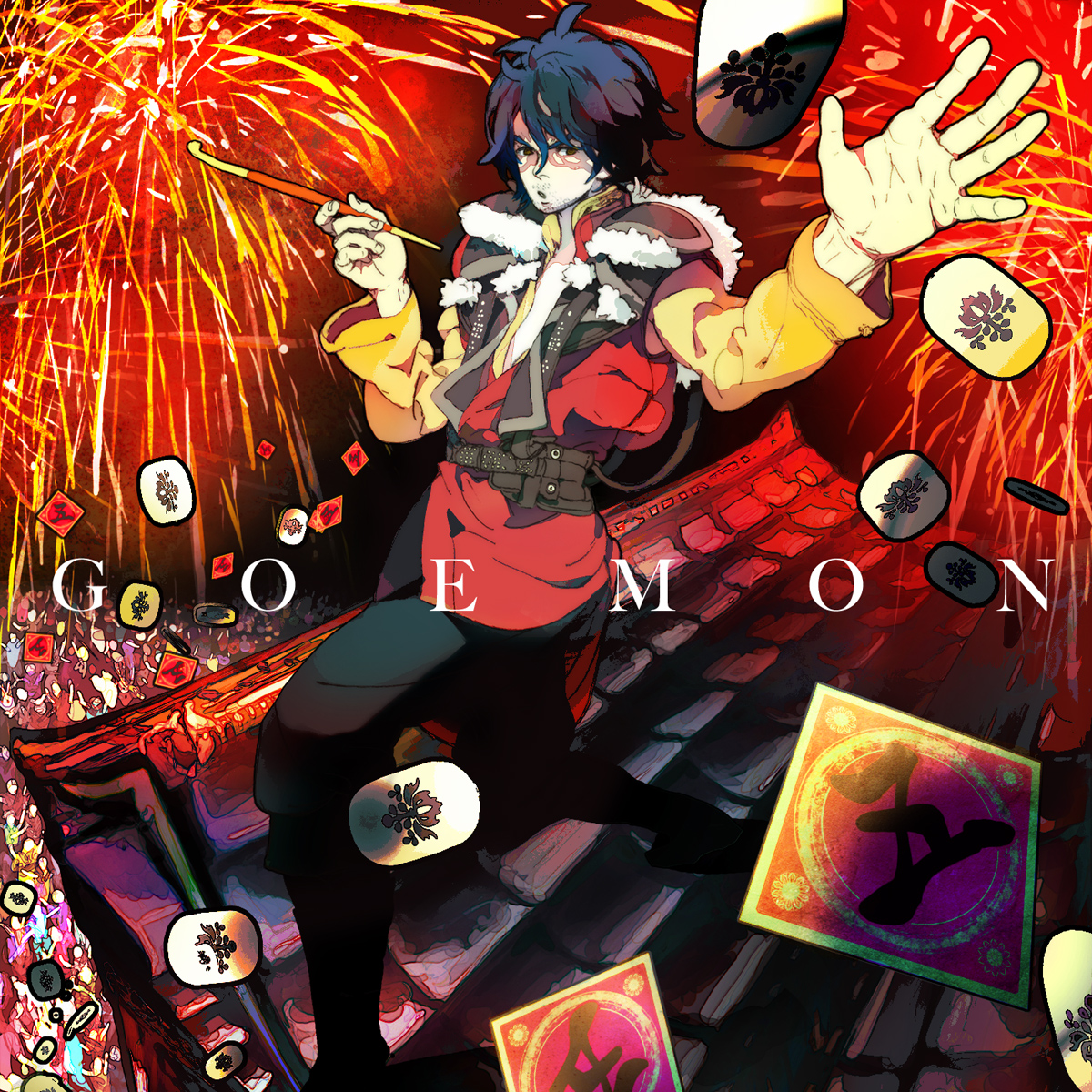 ninton, ishikawa goemon xiii, lupin iii, tms entertainment, bad id, bad pixiv id, highres, 1boy, aerial fireworks, fireworks, kiseru, male focus, smoking pipe, solo