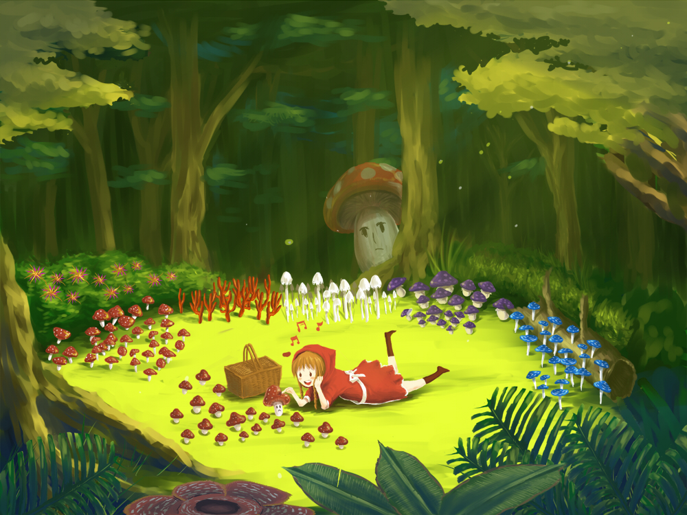 homeko (artist), little red riding hood (fairy tale character), little red riding hood (fairy tale), 1girl, basket, female focus, flower, forest, lying, mushroom, nature, on stomach, rafflesia (flower), scenery, solo