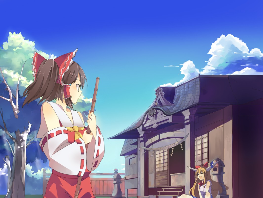 hasebe yuusaku, hakurei reimu, ibuki suika, touhou, bad id, bad pixiv id, 2girls, bow, broom, brown hair, cloud, day, detached sleeves, female focus, hair bow, horns, japanese clothes, long hair, miko, multiple girls, nature, outdoors, plant, ribbon, rope, shimenawa, short hair, shrine, sky, stone lantern, tree