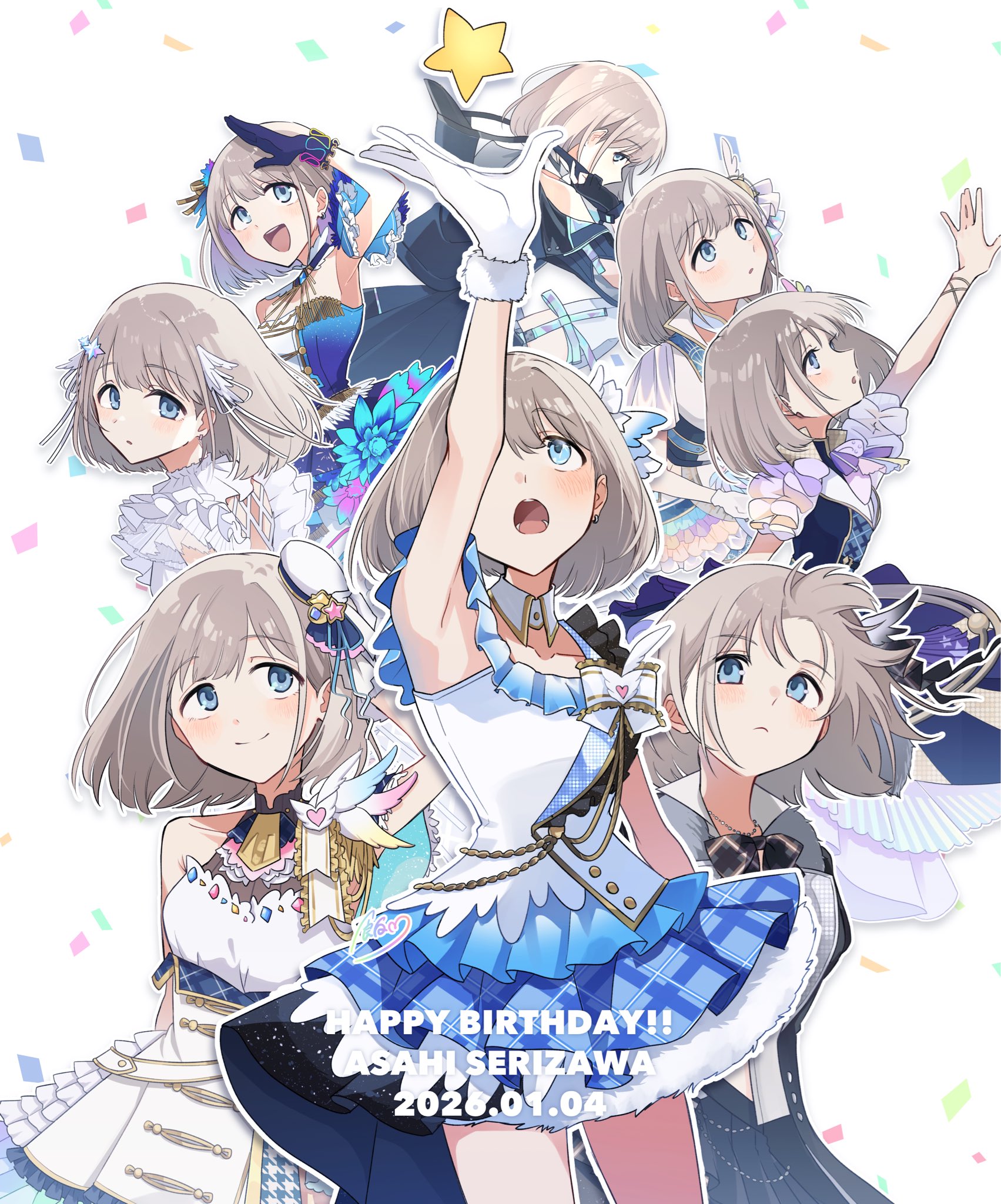 messiah go, serizawa asahi, idolmaster, idolmaster shiny colors, commentary request, highres, 1girl, arm up, beyond the bluesky (idolmaster), blue dress, blue eyes, blush, celestial colors (idolmaster), character name, confetti, dated, dress, flowing belle (idolmaster), fur-trimmed gloves, fur trim, gloves, grey hair, happy birthday, idol clothes, looking up, multicolored dress, multiple views, overcast monochrome (idolmaster), refulgent plumage (idolmaster), short hair, signature, sleeveless, sleeveless dress, smile, star (symbol), sunset skypassage (idolmaster), uniteverse planetary (idolmaster), white background, white dress, white gloves
