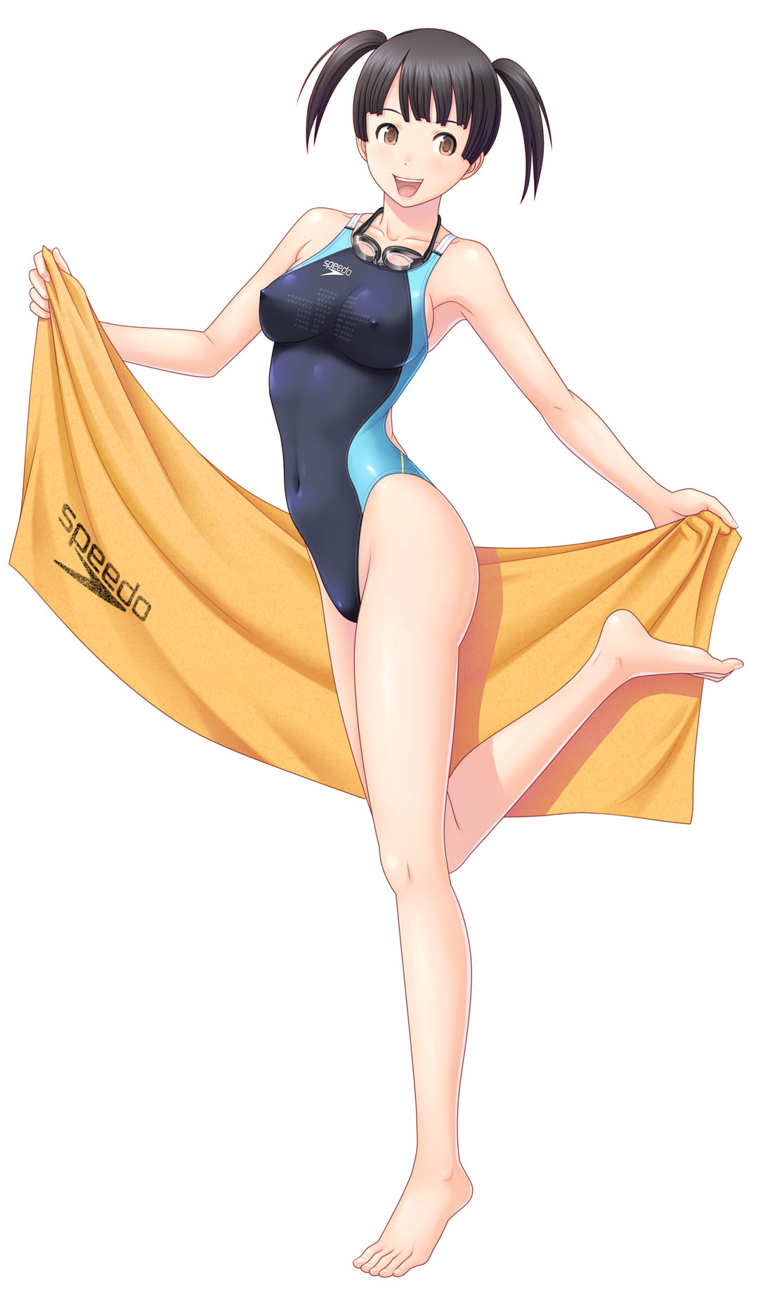 kuri (kurigohan), speedo (company), character request, highres, 1girl, barefoot, black hair, breasts, brown eyes, competition swimsuit, covered erect nipples, feet, female focus, goggles, highleg, highleg one-piece swimsuit, medium breasts, one-piece swimsuit, solo, swimsuit, towel, twintails