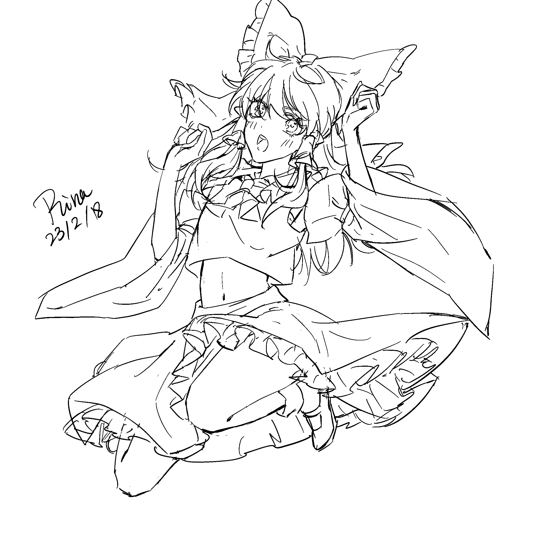 aihara-rina, hakurei reimu, touhou, chinese commentary, commentary request, highres, 1girl, blush, bow, dated, detached sleeves, frilled bow, frilled hair tubes, frilled skirt, frills, greyscale, hair bow, hair tubes, long hair, looking at viewer, mary janes, midriff, monochrome, navel, open mouth, shoes, signature, skirt, socks, solo