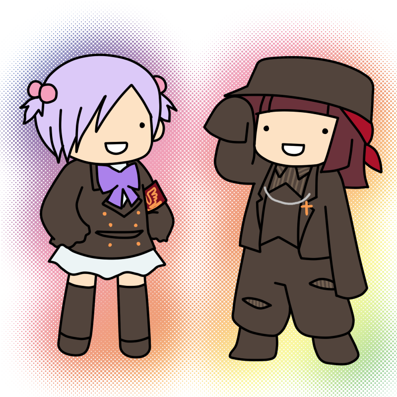 kashiwa kiseri, amakusa juuza, ushiromiya ange, umineko no naku koro ni, silver hair, :d, armband, bow, chibi, cosplay, costume switch, hair bobbles, hair ornament, open mouth, red hair, short hair, skirt, smile, thighhighs, twintails