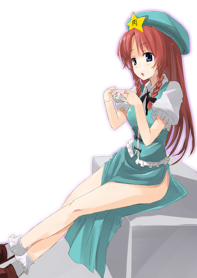gotyou, hong meiling, embodiment of scarlet devil, touhou, 1girl, female focus, gradient background, hat, red hair, skirt, solo, tea, white background