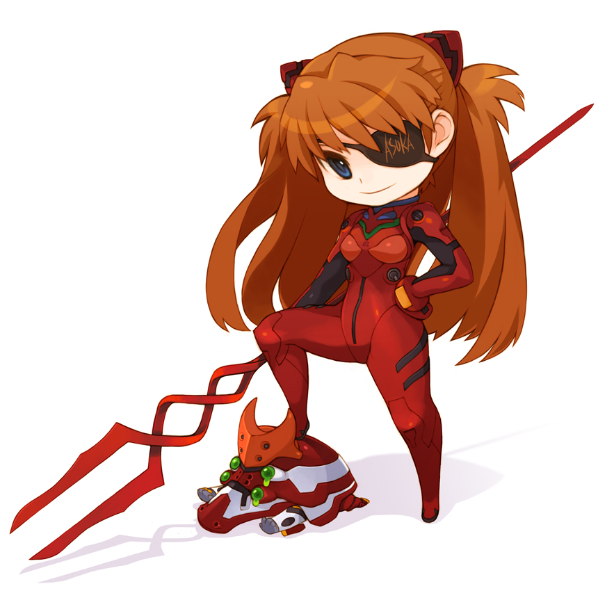 ran system, eva 02, souryuu asuka langley, evangelion: 3.0 you can (not) redo, neon genesis evangelion, rebuild of evangelion, 00s, 10s, 1girl, bident, blue eyes, bracer, character name, clothes writing, eyepatch, female focus, from side, hand on own hip, lance of longinus (evangelion), legs apart, long hair, mecha, mecha pilot suit, orange hair, plugsuit (evangelion), polearm, robot, simple background, skin tight, smile, solo, thighs, two side up, very long hair, weapon, white background