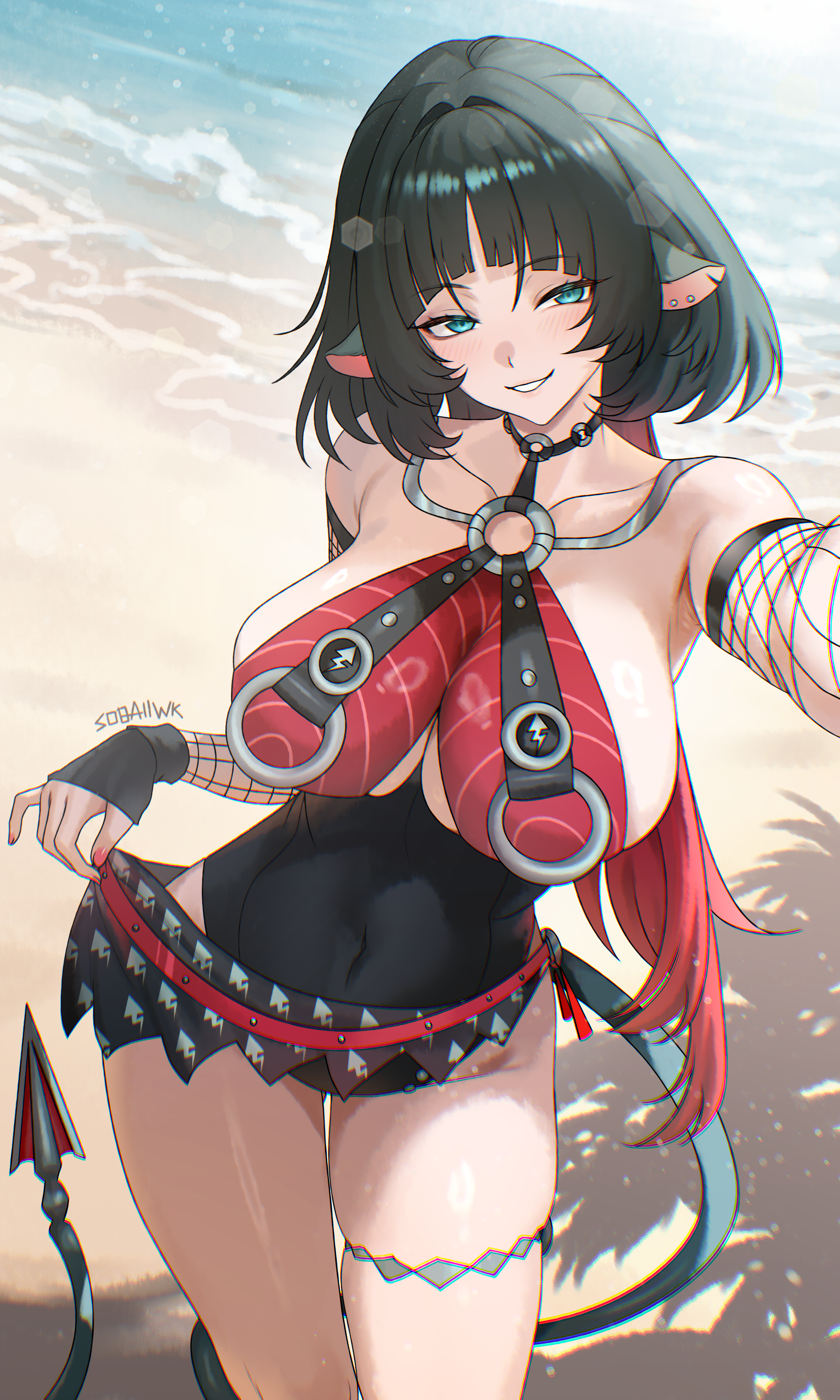 white kojinak, jane doe (nocturne of light) (zenless zone zero), jane doe (zenless zone zero), zenless zone zero, absurdres, highres, self-upload, 1girl, animal ears, arms up, beach, black gloves, black hair, blue eyes, blush, breasts, ear piercing, fishnet sleeves, fishnets, from above, gloves, large breasts, looking at viewer, mouse ears, mouse girl, multicolored hair, nail polish, piercing, raised eyebrows, red hair, seductive smile, selfie, smile, swimsuit, thighs, two-tone hair
