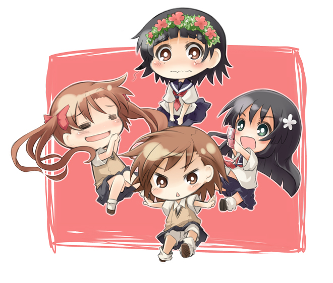 mukunoki nanatsu, nanatsu, misaka mikoto, saten ruiko, shirai kuroko, uiharu kazari, toaru kagaku no railgun, toaru majutsu no index, bad id, bad pixiv id, 00s, 4girls, = =, black hair, brown eyes, brown hair, cellphone, chibi, flower, hair flower, hair ornament, head wreath, long hair, multiple girls, phone, school uniform, serafuku, short hair, shorts