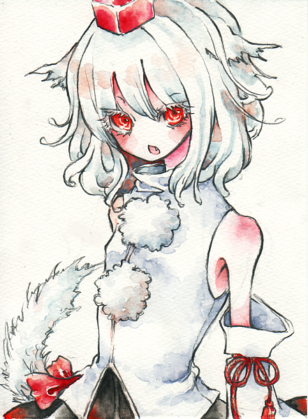 miri, miri (tobira no mukou), inubashiri momiji, touhou, painting (medium), traditional media, watercolor (medium), 1girl, albino, animal ears, bare shoulders, colored eyelashes, detached sleeves, eyelashes, fang, female focus, hat, open mouth, red eyes, short hair, skinny, solo, tail, tokin hat, turtleneck, white hair, wolf ears
