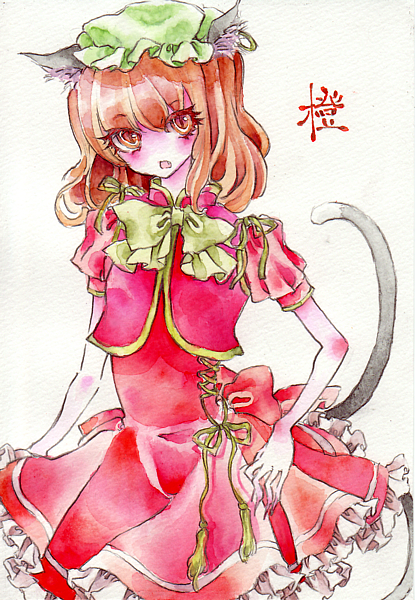 miri, miri (tobira no mukou), chen, touhou, painting (medium), traditional media, watercolor (medium), 1girl, aged up, animal ears, brown eyes, brown hair, cat ears, cat girl, cat tail, claws, colored eyelashes, dress, earrings, eyelashes, fang, female focus, fingernails, frills, hat, jewelry, long fingernails, multiple tails, nail (hardware), no nose, open mouth, ribbon, short hair, short sleeves, simple background, slit pupils, solo, tail