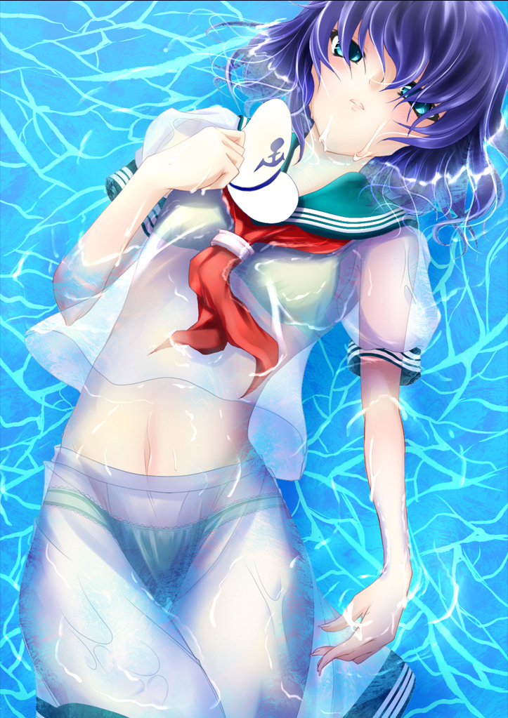 negamaro, murasa minamitsu, touhou, 1girl, aqua eyes, blue eyes, blue hair, bra, female focus, green eyes, hat, lingerie, matching hair/eyes, midriff, navel, panties, purple hair, sailor, sailor collar, sailor hat, school uniform, see-through clothes, serafuku, short hair, solo, underwear, water, wet