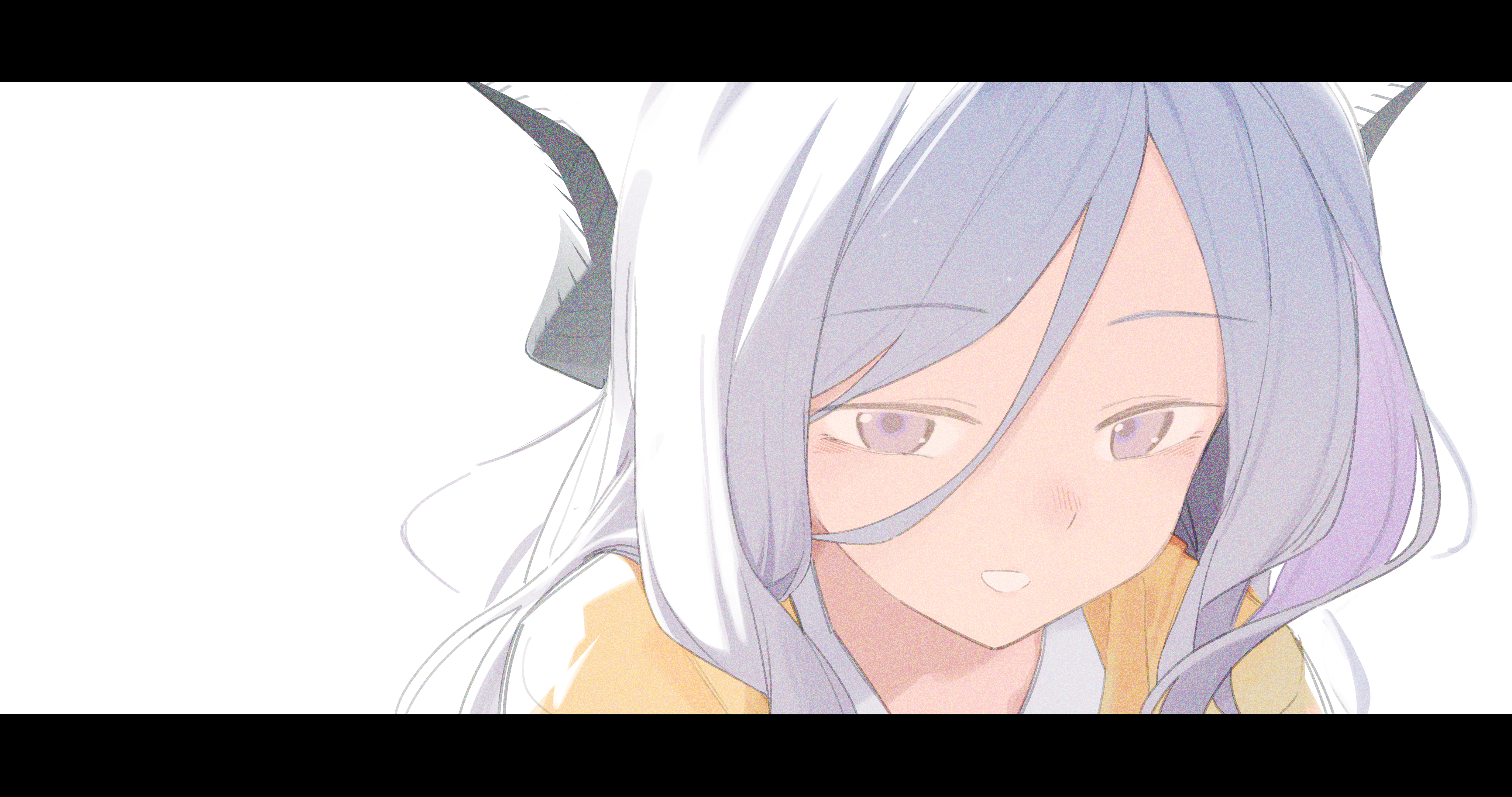 nijiko uro, hina (blue archive), hina (pajamas) (blue archive), blue archive, absurdres, highres, 1girl, close-up, demon horns, horns, looking at viewer, pajamas, simple background, solo, white background, white hair