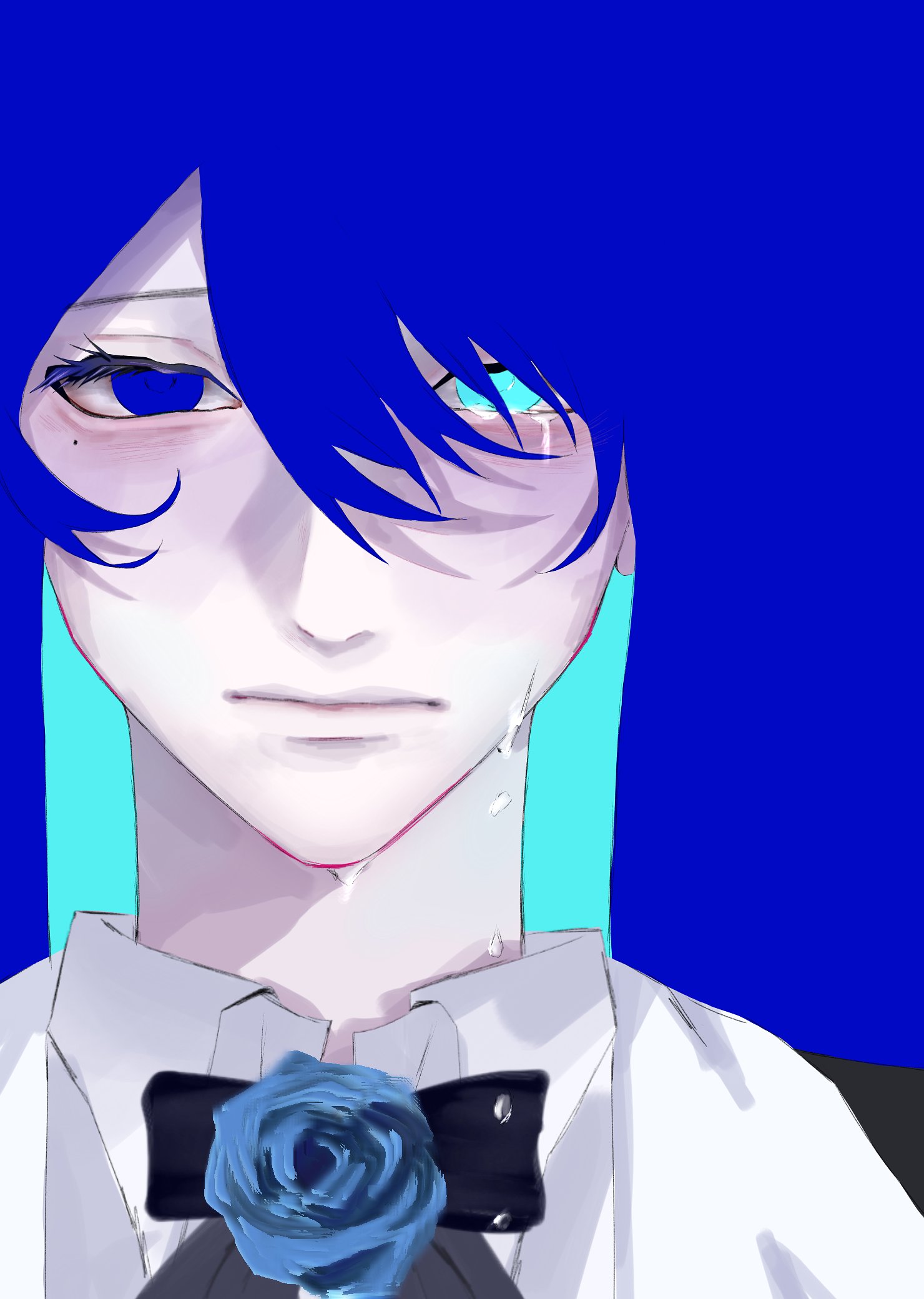 carlos jpg, chando (ado), ado (utaite), commentary request, highres, 1girl, blending, blue flower, blue hair, blue rose, closed mouth, collared shirt, crying, crying with eyes open, flower, heterochromia, long hair, mole, mole under eye, portrait, rose, shirt, solo, tears, utaite, white shirt