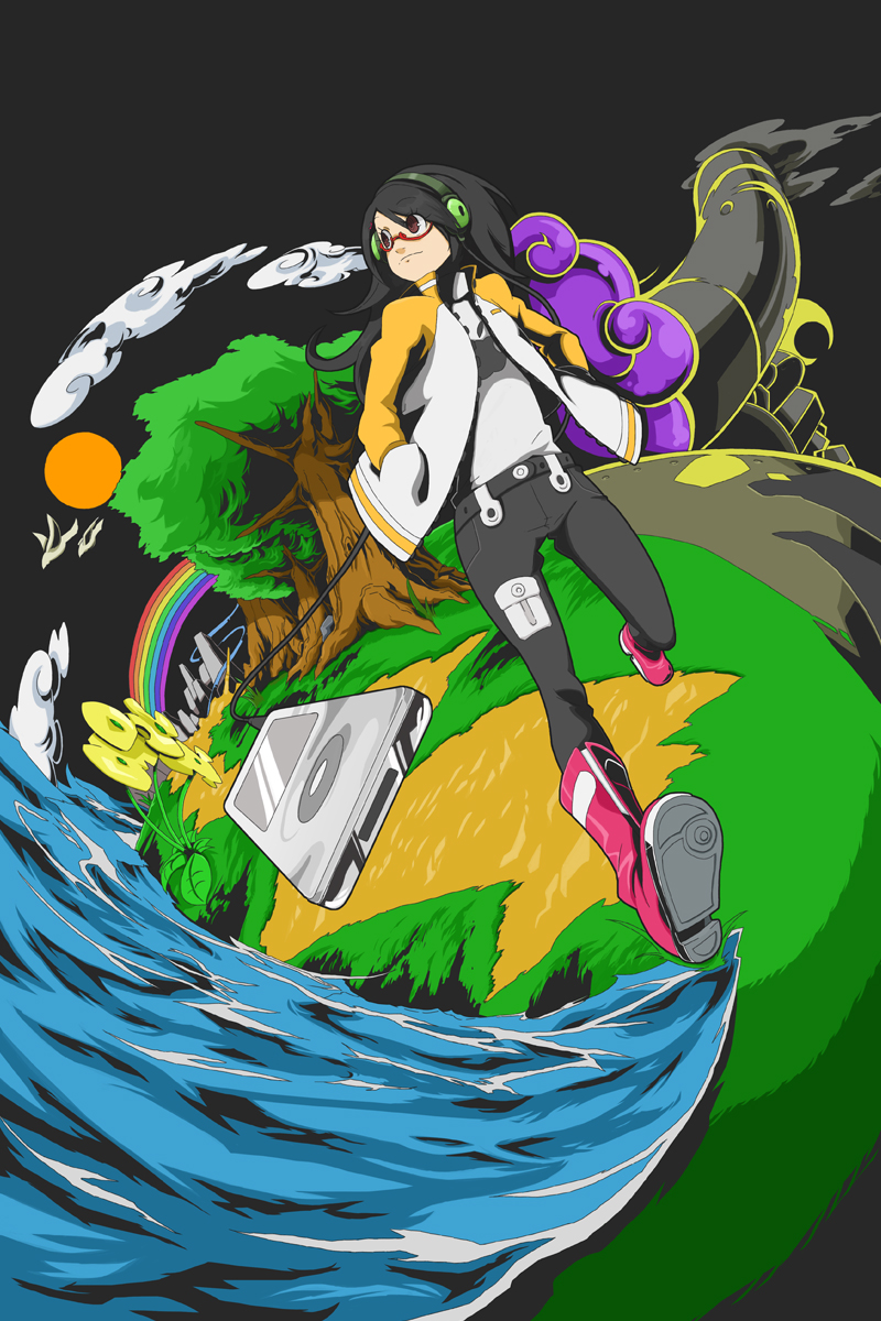 hajime (hajime-ill-1st), original, bad id, bad pixiv id, highres, black hair, brown eyes, glasses, headphones, ipod, jacket, mp3 player, rainbow, solo, tree, water