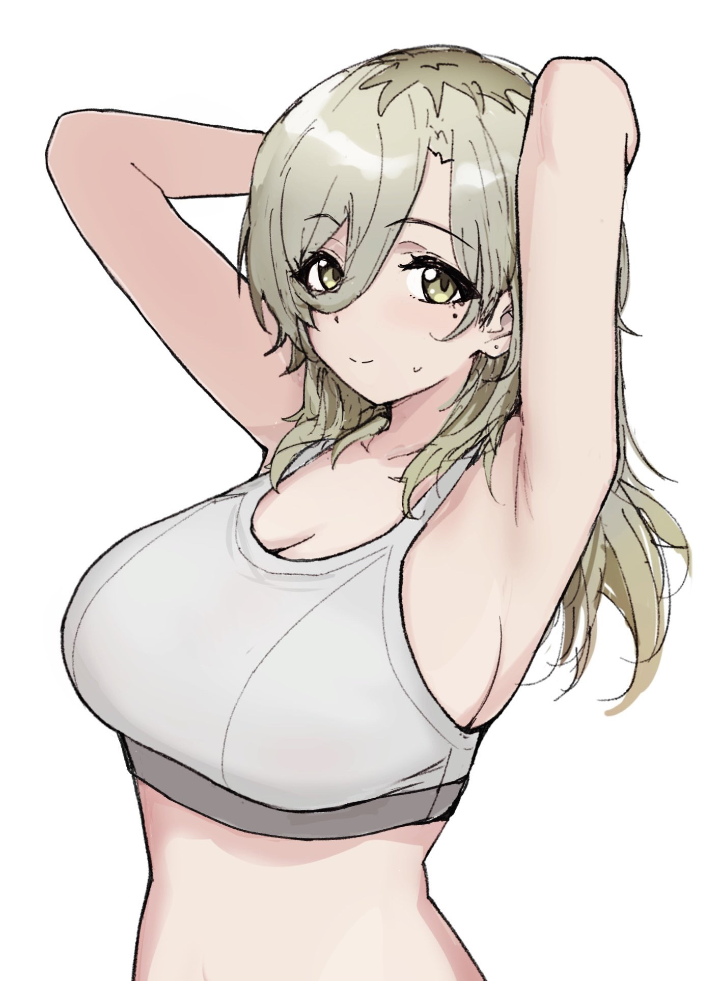 hanekuri (nnainain), rupa (girls band cry), girls band cry, highres, 1girl, arms up, breasts, brown eyes, brown hair, cleavage, closed mouth, earrings, grey sports bra, hair between eyes, jewelry, large breasts, lightened skin, long hair, long hair between eyes, looking at viewer, mole, mole under eye, multicolored hair, roots (hair), simple background, solo, sports bra, sweatdrop, upper body, white background