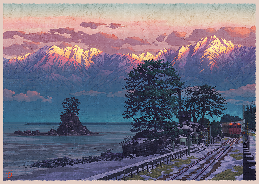 mugumo 24k, original, commentary request, border, cloud, fence, guard rail, japan, landscape, mountain, mountainous horizon, no humans, ocean, orange clouds, outdoors, pine tree, railroad crossing, railroad tracks, real world location, rock, scenery, signature, snow, sunset, toyama prefecture, traffic light, train, tree, water, white border, winter