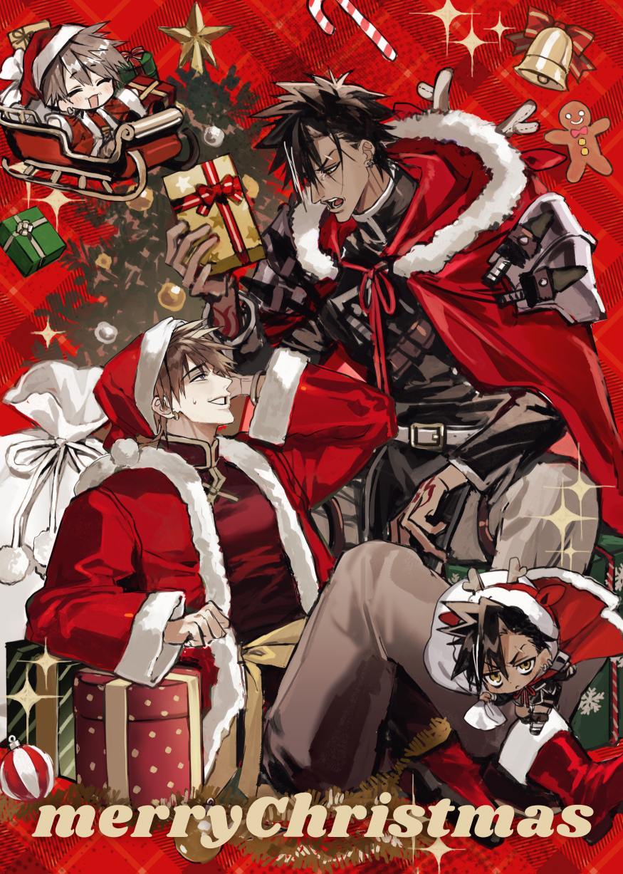 character request, commentary request, highres, 2boys, arm behind head, arm up, armor, bell, belt, belt buckle, black shirt, box, brown hair, buckle, candy, candy cane, cape, chibi, christmas, christmas ornaments, christmas tree, closed eyes, coat, collared shirt, cookie, dark-skinned male, dark skin, english text, eye contact, food, forbartz xylo, fur-trimmed coat, fur trim, gift, gift box, gingerbread man, grey belt, grey pants, grin, hat, holding, holding gift, keitozzz, long sleeves, looking at another, male focus, merry christmas, multiple boys, open mouth, pants, pauldrons, red cape, ribbon, sack, santa costume, santa hat, shirt, short hair, shoulder armor, sitting, sleigh, smile, spiked hair, teeth, yuushakei ni shosu