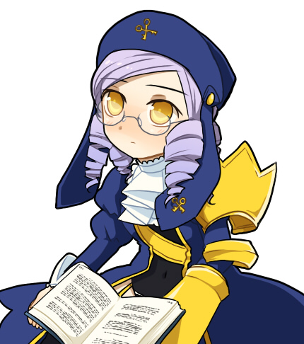 meimone, dlanor a. knox, eiserne jungfrau, umineko no naku koro ni, light purple hair, bad id, bad pixiv id, lowres, 00s, book, drill hair, glasses, hat, purple hair, solo, yellow eyes
