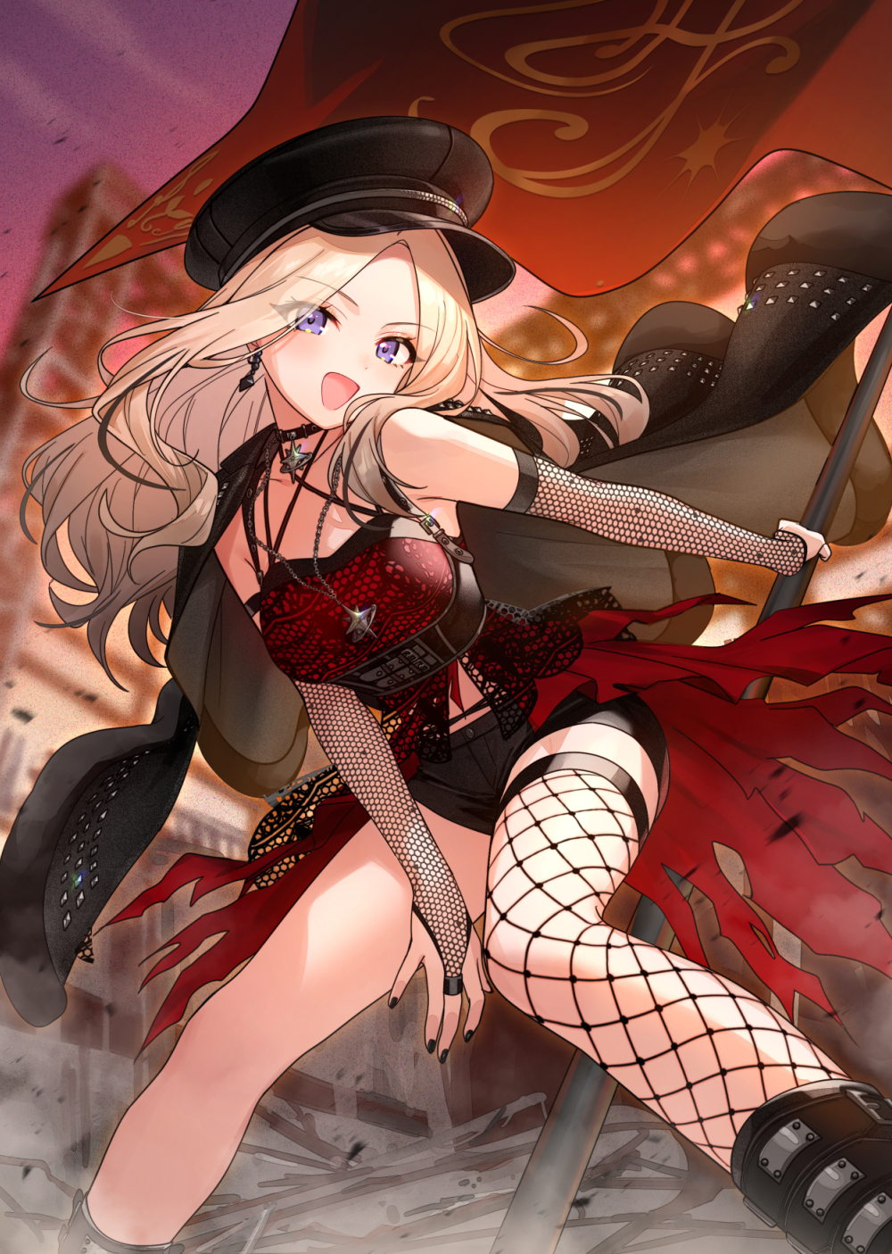iro 178, juo sena, comiket 107, gakuen idolmaster, idolmaster, commentary request, highres, 1girl, arched back, asymmetrical legwear, bare shoulders, black cape, black choker, black hat, black shorts, blonde hair, boots, cape, choker, collarbone, crop top, feet out of frame, fishnet thighhighs, fishnets, flag, hat, holding, holding flag, jewelry, knee boots, leaning forward, long hair, looking at viewer, military hat, necklace, open mouth, purple eyes, red flag, red tank top, shorts, smile, solo, star (symbol), star choker, star necklace, tank top, thighhighs