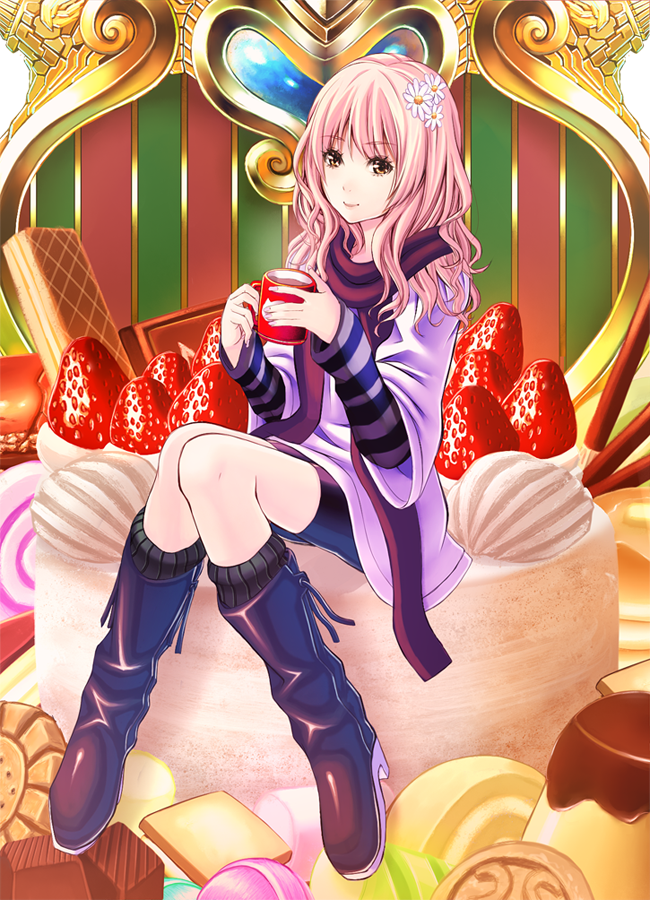 wasabi (payan), original, 1girl, bike shorts, boots, brown eyes, cake, chocolate, cup, female focus, flower, food, fruit, hair ornament, legs, long hair, macaron, mug, pastry, pink hair, pocky, pudding, scarf, sitting, solo, strawberry