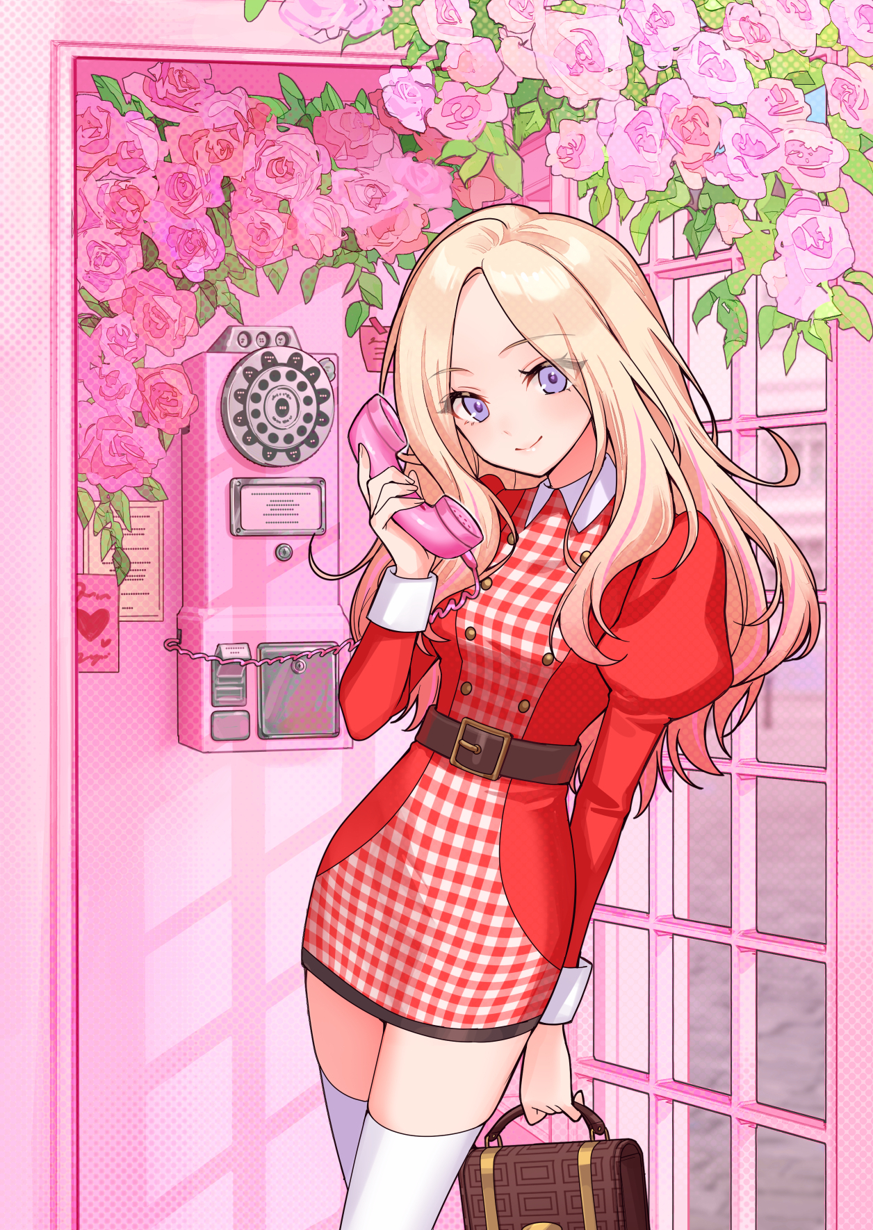 iro 178, juo sena, comiket 107, gakuen idolmaster, idolmaster, commentary request, highres, 1girl, bag, belt, blonde hair, brown bag, brown belt, closed mouth, collared dress, cowboy shot, dress, flower, holding, holding bag, holding phone, juliet sleeves, long hair, long sleeves, looking at viewer, phone, phone booth, pink background, pink flower, plaid clothes, plaid dress, puffy sleeves, purple eyes, red dress, smile, solo, standing, thighhighs, white thighhighs