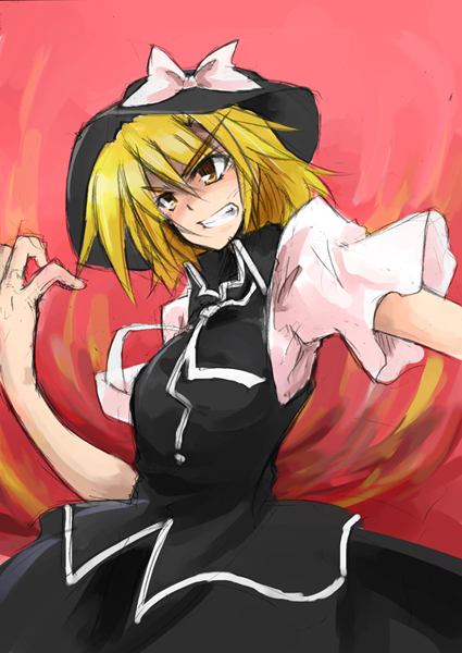 hemogurobin a1c, hemogurobina1c, yuki (touhou), mystic square, touhou, touhou (pc-98), 1girl, angry, blonde hair, dress, female focus, grin, hat, ribbon, smile, solo, witch, yellow eyes