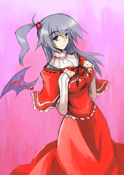 hemogurobin a1c, hemogurobina1c, shinki (touhou), mystic square, touhou, touhou (pc-98), silver hair, 1girl, blue eyes, dress, female focus, hair bobbles, hair ornament, long hair, ribbon, side ponytail, solo, wings