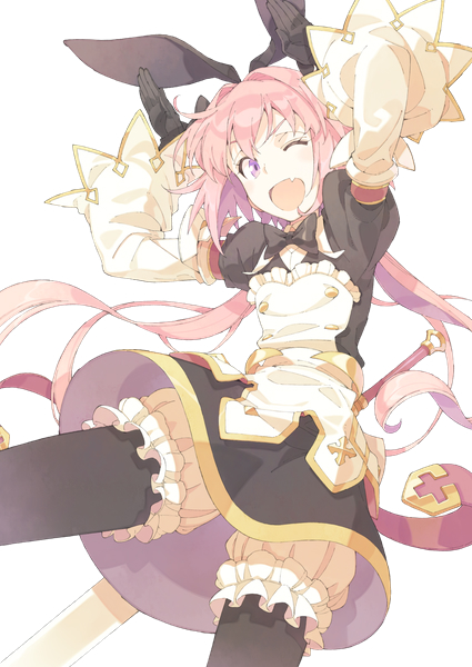 t-okada, astolfo (fate), astolfo (saber) (fate), astolfo (saber) (third ascension) (fate), fate/grand order, fate (series), commentary request, 1boy, 1girl, ;d, animal ear hairband, animal ears, apron, arms up, black dress, black gloves, black pantyhose, bloomers, buttons, crossdressing, crossdressing (mtf), dress, fake animal ears, fang, frilled bloomers, gloves, gold buttons, hairband, juliet sleeves, layered sleeves, long hair, long sleeves, looking at viewer, low twintails, male focus, official alternate costume, official alternate hairstyle, one eye closed, open mouth, pantyhose, pink hair, puffy sleeves, purple eyes, rabbit ear hairband, rabbit ears, rabbit pose, skin fang, smile, solo, trap, twintails, underwear, v-shaped eyebrows, white apron, white bloomers, wide sleeves