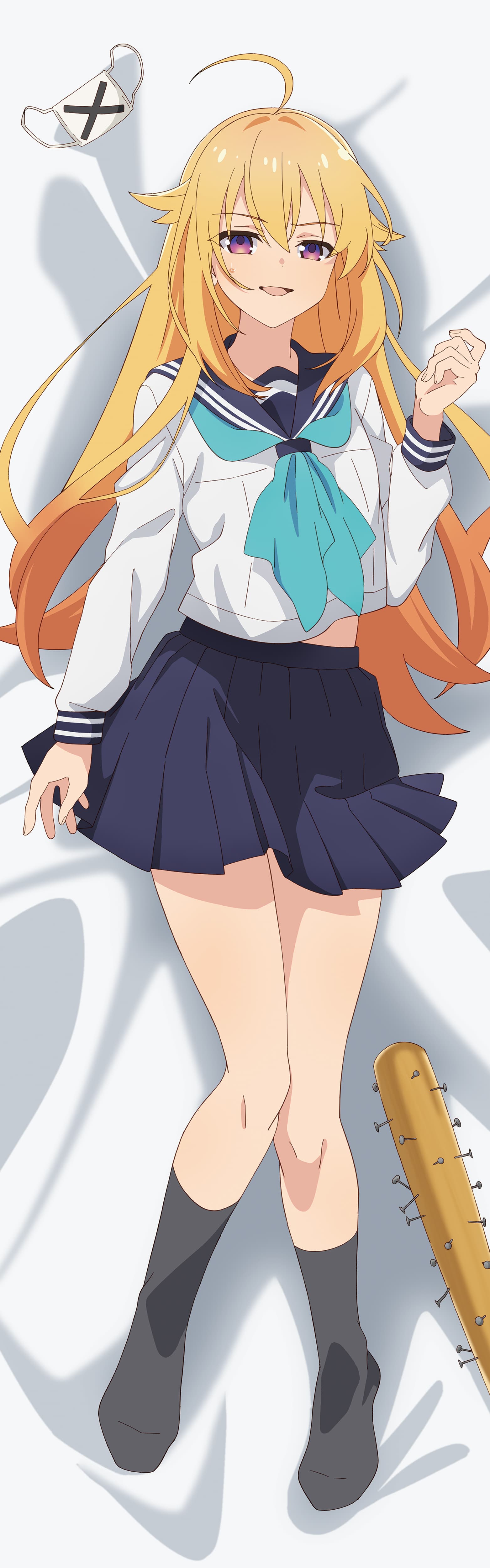 koshi torako, shikanoko nokonoko koshitantan, absurdres, commentary request, highres, merchandise available, official art, 1girl, ahoge, aqua neckerchief, baseball bat, black socks, blonde hair, blue sailor collar, blue skirt, dakimakura (medium), full body, hino minami high school uniform, long hair, long sleeves, looking at viewer, lying, nail (hardware), nail bat, neckerchief, no shoes, on back, open mouth, pleated skirt, purple eyes, sailor collar, school uniform, serafuku, shirt, skirt, smile, socks, solo, white background, white shirt