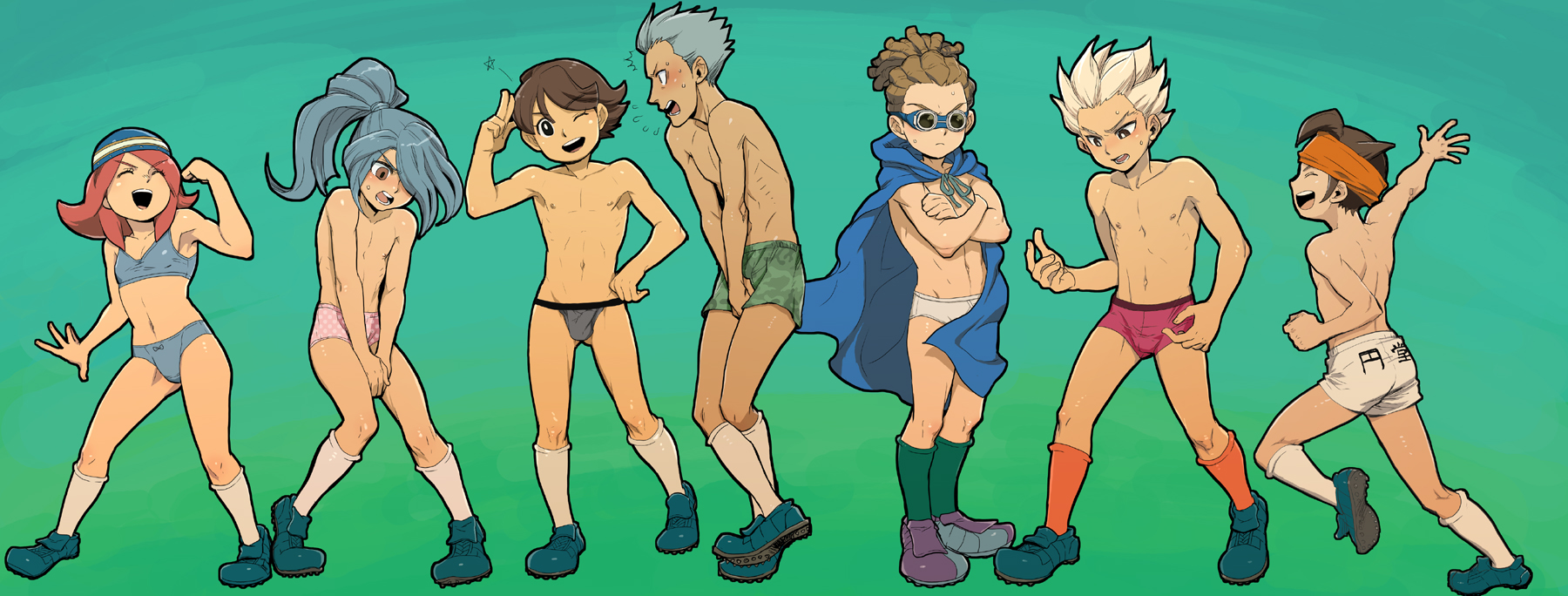 dogdogdog, domon asuka, endou mamoru, gouenji shuuya, ichinose kazuya, kazemaru ichirouta, kidou yuuto, zaizen touko, inazuma eleven, inazuma eleven (series), red legwear, white legwear, highres, 00s, 1girl, 6+boys, bandana, blue bra, blue hair, blue panties, blush, bra, brown hair, cape, crossdressing, dreadlocks, full body, goggles, grey hair, hair over one eye, lingerie, loli, multiple boys, panties, red hair, shota, socks, sports bra, underwear, underwear only, white hair