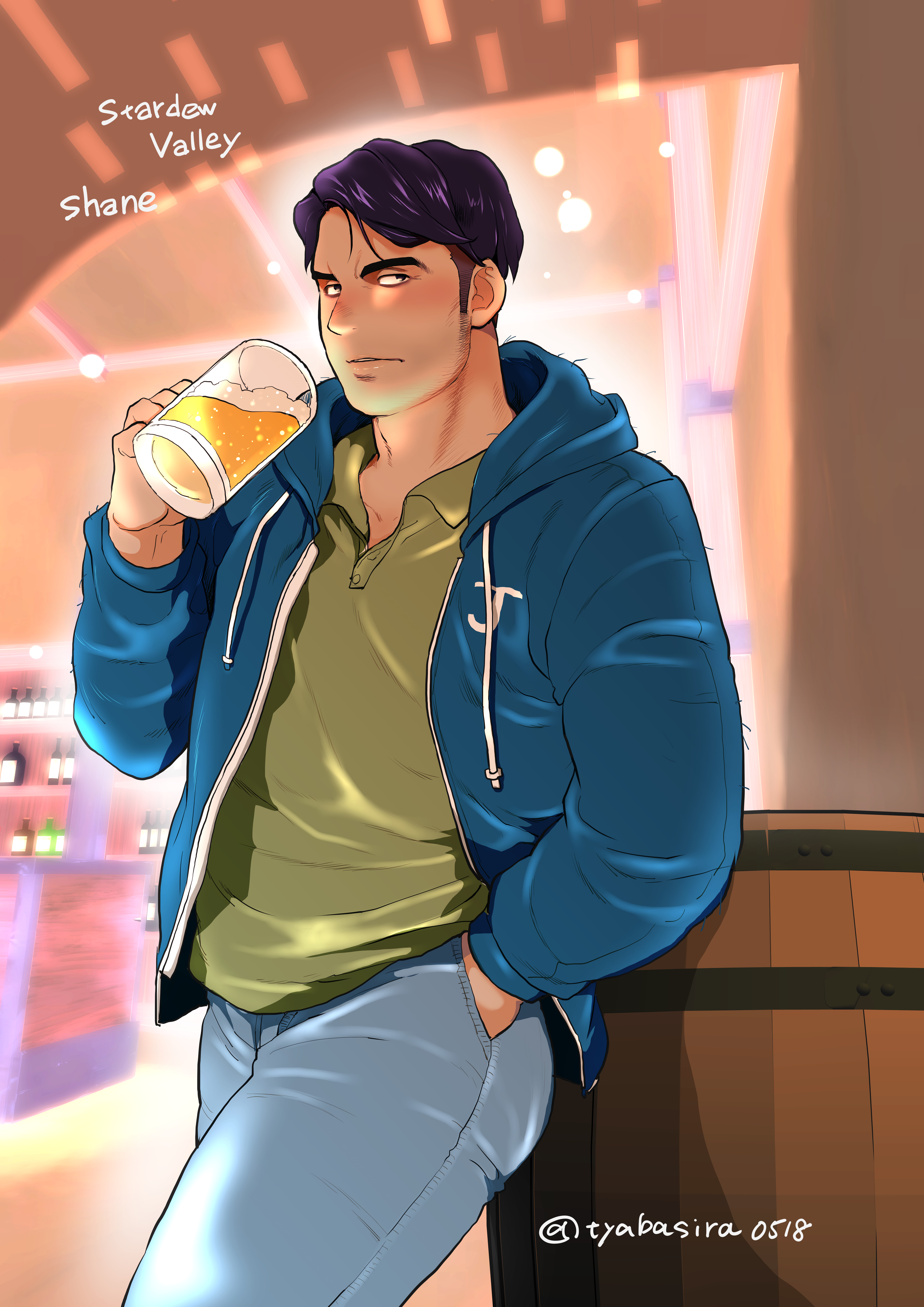 chabashira tatsukichi, shane (stardew valley), stardew valley, absurdres, commentary request, highres, 1boy, alcohol, bar (place), barrel, beer, beer mug, blue jacket, blue pants, character name, copyright name, cup, denim, english text, green shirt, hand in pocket, holding, holding cup, hood, hood down, hooded jacket, jacket, jeans, leaning on object, long sideburns, looking at viewer, male focus, mature male, mug, open clothes, open jacket, pants, polo shirt, purple hair, shirt, short hair, sideburns, solo, twitter username