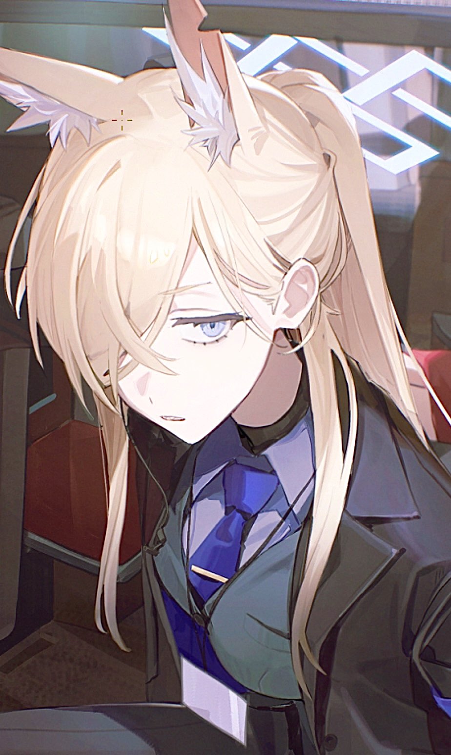 flatshi, blue archive, comiket 107, commentary, cropped, highres, symbol-only commentary, alternate costume, animal ear fluff, black coat, blonde hair, blue eyes, blue halo, blue necktie, coat, crossed bangs, dog hair, formal clothes, grey jacket, grey suit, hair over one eye, halo, jacket, jewelry, lapels, long hair, long sidelocks, looking at viewer, necklace, necktie, notched lapels, open clothes, open coat, ponytail, shirt, sidelocks, sitting, solo, suit, suit jacket, undershirt, white shirt