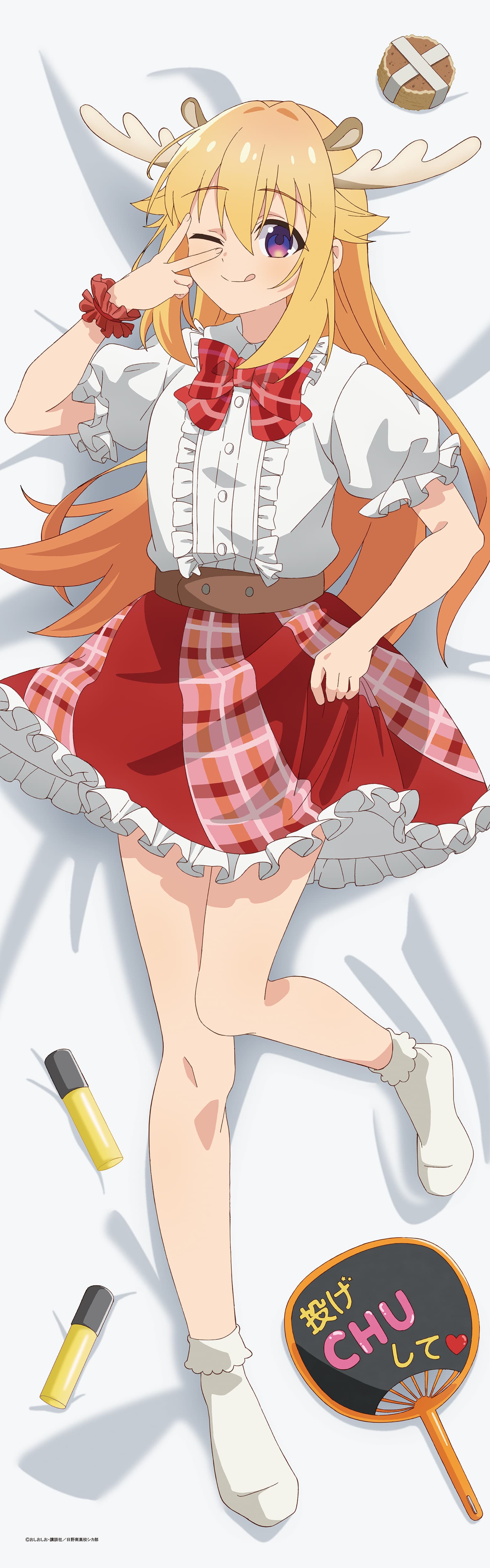 koshi torako, shikanoko nokonoko koshitantan, absurdres, commentary request, highres, merchandise available, official art, 1girl, ;q, animal ears, antlers, blonde hair, bow, bowtie, copyright notice, dakimakura (medium), deer antlers, deer cracker, deer ears, frilled shirt, frilled skirt, frills, full body, hand fan, hand fan writing, horns, long hair, looking at viewer, lying, no shoes, on back, one eye closed, plaid bow, plaid bowtie, plaid clothes, purple eyes, red bow, red bowtie, red scrunchie, red skirt, scrunchie, shirt, shirt tucked in, skirt, socks, solo, tongue, tongue out, v, v over eye, white background, white shirt, white socks, wrist scrunchie