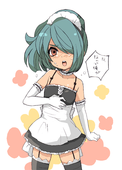 kazemaru ichirouta, inazuma eleven, inazuma eleven (series), 00s, 1boy, annoyed, apron, black thighhighs, blue hair, blush, brown eyes, crossdressing, crossdressing (mtf), elbow gloves, gloves, hair over one eye, long hair, maid, maid apron, maid headdress, male focus, male maid, open mouth, ponytail, solo, thighhighs, trap