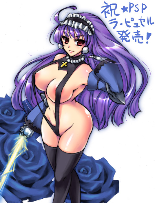 shapiro, dark eclair, eclair (la pucelle), la pucelle, bad id, bad pixiv id, translation request, 1girl, areola slip, blue flower, blue rose, breasts, cleavage, covered erect nipples, detached sleeves, female focus, flower, large breasts, legs, long hair, purple hair, red eyes, rose, sideboob, slingshot swimsuit, solo, swimsuit, thighhighs, thighs, white background