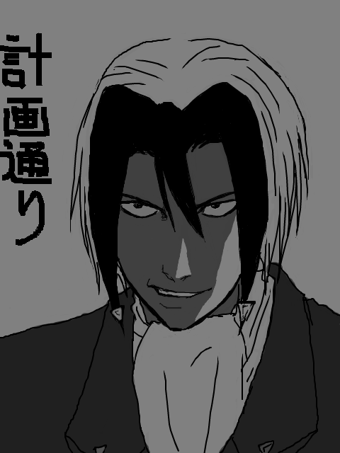 nougami neuro, death note, majin tantei nougami neuro, formal clothes, greyscale, just as planned (meme), male focus, meme, monochrome, parody, solo, suit
