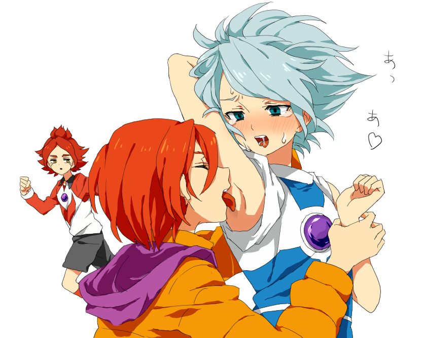 gran, kiyama hiroto, nagumo haruya, suzuno fuusuke, burn, inazuma eleven, inazuma eleven (series), 00s, 3boys, armpits, licking, licking armpit, male focus, multiple boys, shota, tears, white background, yaoi