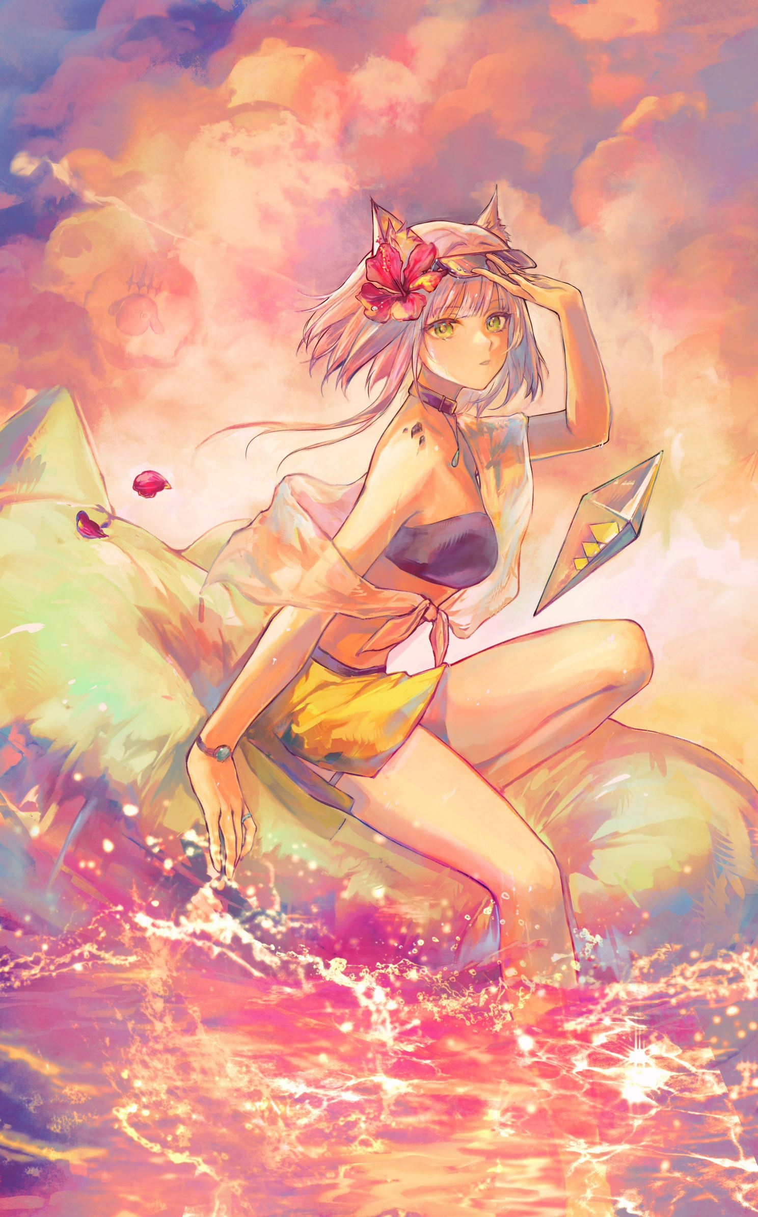 kal'tsit (arknights), arknights, highres, 1girl, animal ear fluff, animal ears, cat ears, cloud, eyewear on head, floating, floating object, flower, goggles, green eyes, hongqiqiuqiu, jewelry, knee up, looking at viewer, material growth, necklace, on innertube, oripathy lesion (arknights), outdoors, petals, pink flower, pink petals, purple tube top, ring, shading eyes, sitting, skirt, soaking feet, solo, strapless, swim ring, tube top, watch, water, white hair, wristwatch, yellow skirt