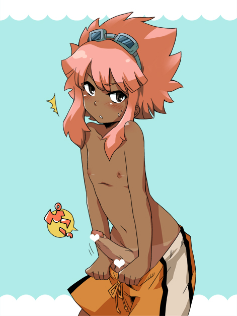 moko (mocco), tsunami jousuke, inazuma eleven, inazuma eleven (series), bad id, bad pixiv id, 00s, 1boy, blue background, blush, brown hair, censored, clothes pull, dark-skinned male, dark skin, erection, goggles, goggles on head, heart, heart censor, male focus, navel, nipples, penis, pink hair, pulling own clothes, shorts, shorts pull, shorts tan, shota, sidelocks, simple background, solo, tan, tanline