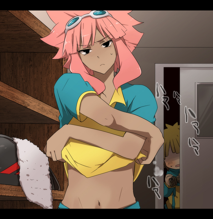 ura-kata, tsunami jousuke, inazuma eleven, inazuma eleven (series), bad id, 00s, 1boy, child, male focus, pink hair, solo, tan, trap, undressing
