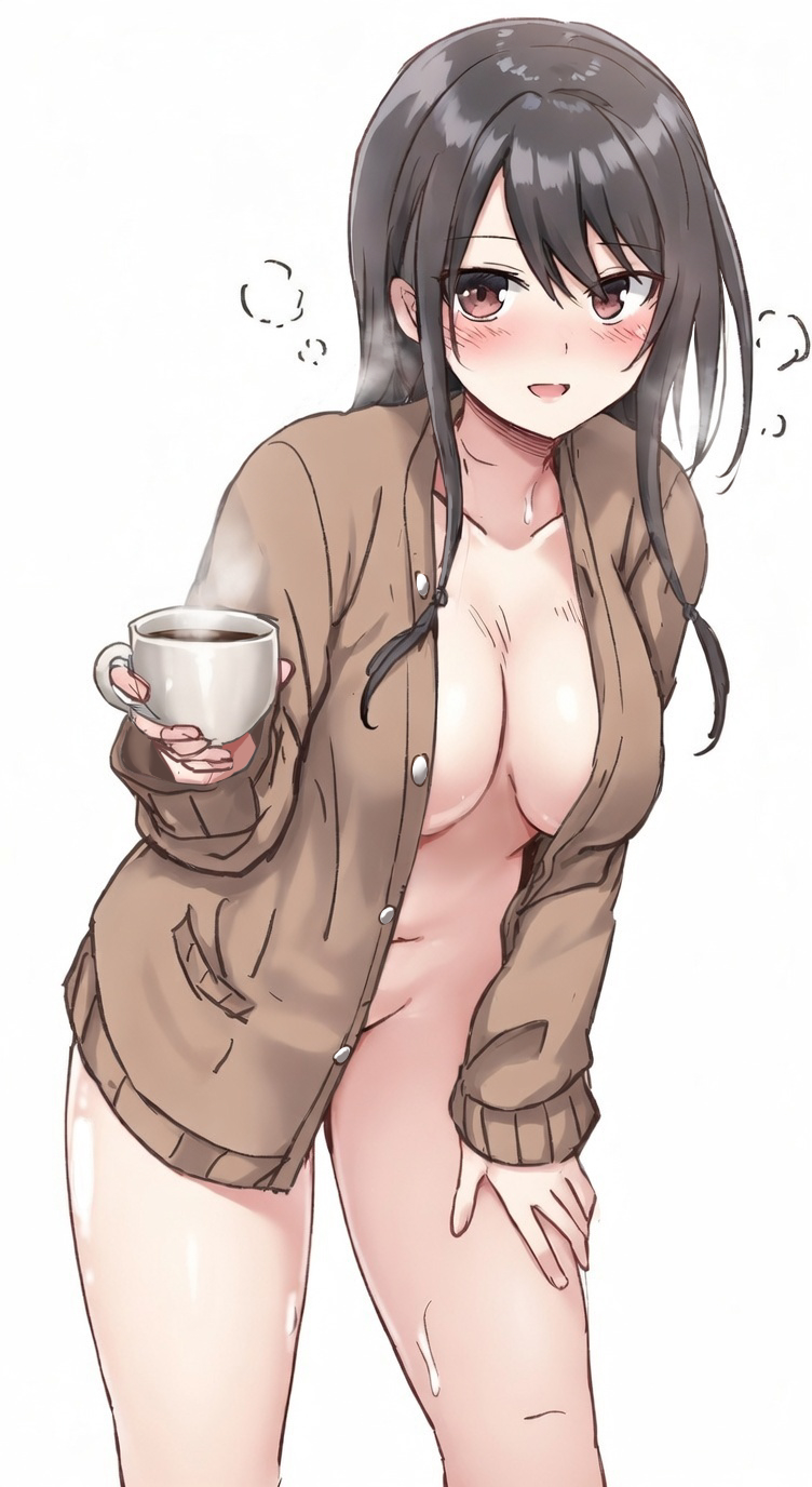 mukouhara shiryuu, original, commentary request, highres, 1girl, :d, black hair, blush, bottomless, breasts, brown eyes, brown jacket, coffee, cup, groin, hand on own thigh, holding, holding cup, jacket, long hair, looking at viewer, medium breasts, naked jacket, navel, open clothes, open jacket, open mouth, simple background, smile, solo, standing, steam, sweat, white background