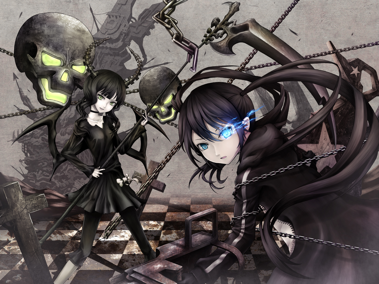 maazyu, black rock shooter (character), dead master, black rock shooter, highres, 10s, 2girls, black dress, black hair, blue eyes, chain, checkered floor, choker, cross, dress, glowing, glowing eyes, green eyes, horns, jacket, long hair, multiple girls, scythe, skull, twintails, very long hair, weapon, wings