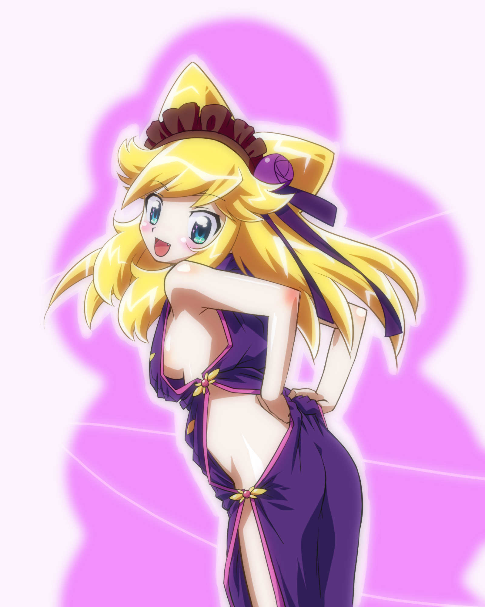 farge, hatori kanon, anyamal tantei kirumin zoo, highres, 1girl, blonde hair, blue eyes, blush, breasts, china dress, chinese clothes, dress, female focus, headdress, medium breasts, no bra, no panties, open mouth, sideboob, smile, solo