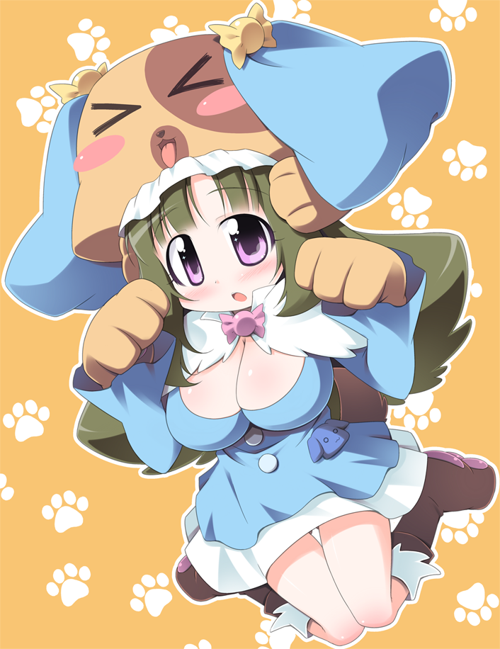 kagura yuuki, mikogami nagisa, anyamal tantei kirumin zoo, bad id, bad pixiv id, animal ears, animal hands, blush, breasts, dog, dog ears, dress, green hair, large breasts, long hair, purple eyes, ribbon, solo