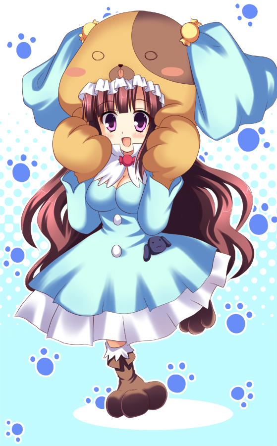 akane souichi, mikogami nagisa, anyamal tantei kirumin zoo, bad id, bad pixiv id, animal ears, animal hands, animal hat, blush, brown hair, dog, dog ears, dress, hat, long hair, open mouth, purple eyes, ribbon, smile, solo, very long hair