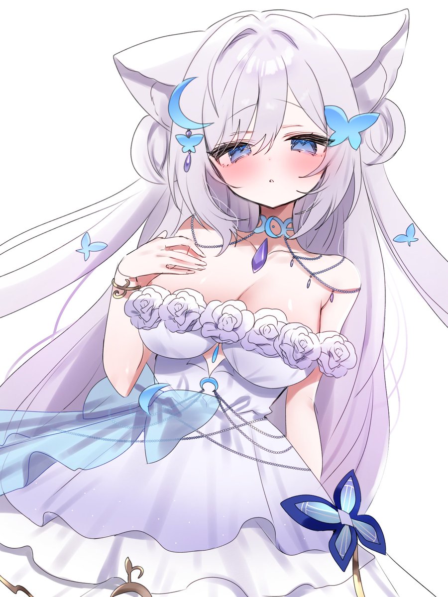 imooishiizo, indie virtual youtuber, highres, 1girl, animal ear fluff, animal ears, bare shoulders, blue bow, blue eyes, blush, bow, breasts, butterfly hair ornament, choker, cleavage, crescent, dress, flower, fox ears, fox girl, hair ornament, hand on own chest, large breasts, long hair, looking at viewer, nyubun (vtuber), rose, solo, strapless, strapless dress, very long hair, virtual youtuber, white background, white flower, white hair, white rose